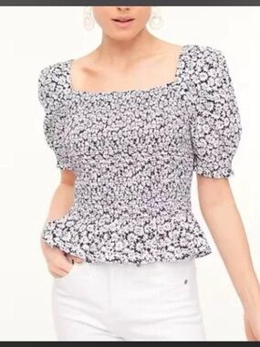J. Crew Black and White daisy Smocked Square-Neck Top